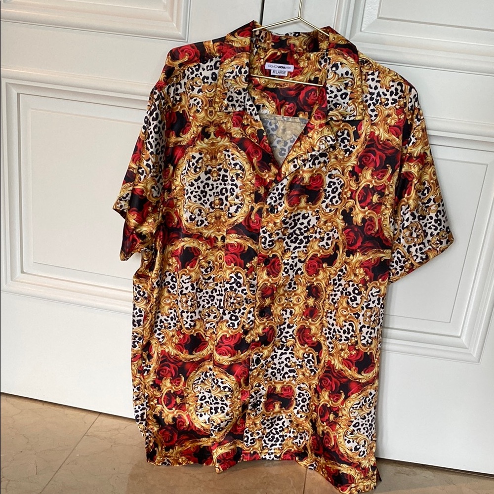 Fashion Nova Red and Gold Baroque Print Shirt